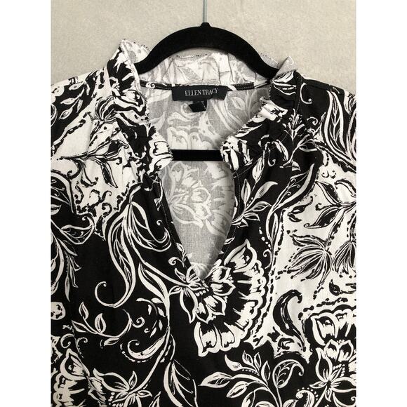 Ellen Tracy Linen Blend Top Women's Medium Ruffle in Black Batik Floral NEW - Picture 2 of 6